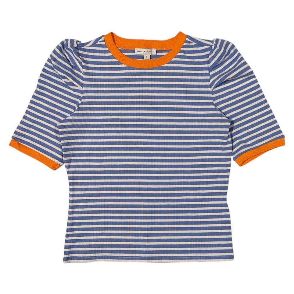 Rebecca Minkoff Women's Regular Fit Soft Rib Knit Puff Sleeve Top - Blue Stripe